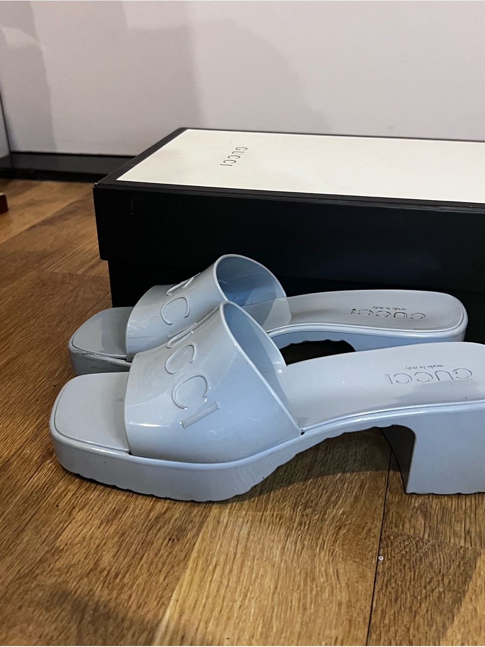 Gucci Light Blue Patent Logo Slide Mules